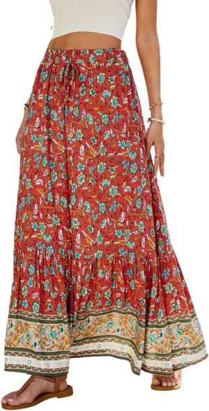 ZOCAVIA Women's Boho Floral Maxi Skirt Elastic High Waist Pleated A-Line Swing Flowy Long Skirts Beach Vacation Outfits