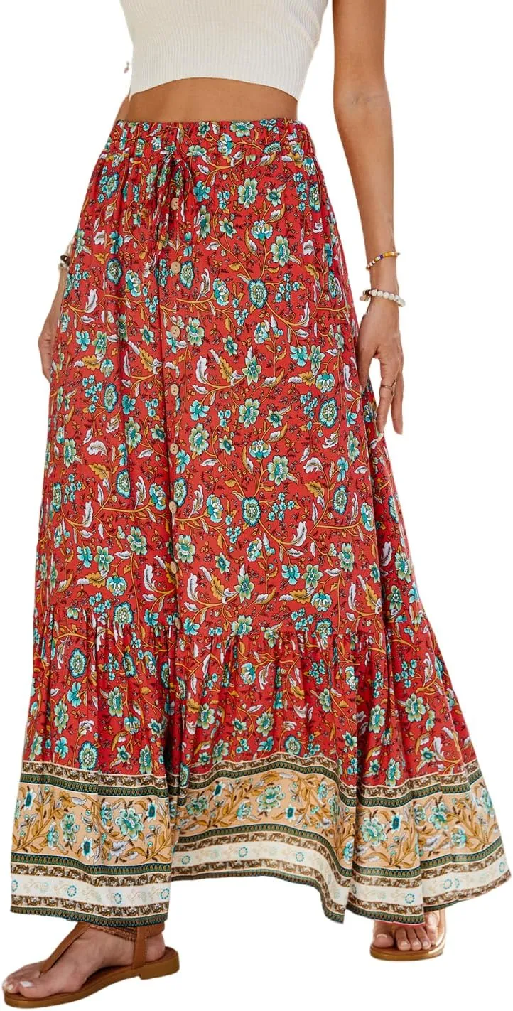 ZOCAVIA Women's Boho Floral Maxi Skirt Elastic High Waist Pleated A-Line Swing Flowy Long Skirts Beach Vacation Outfits