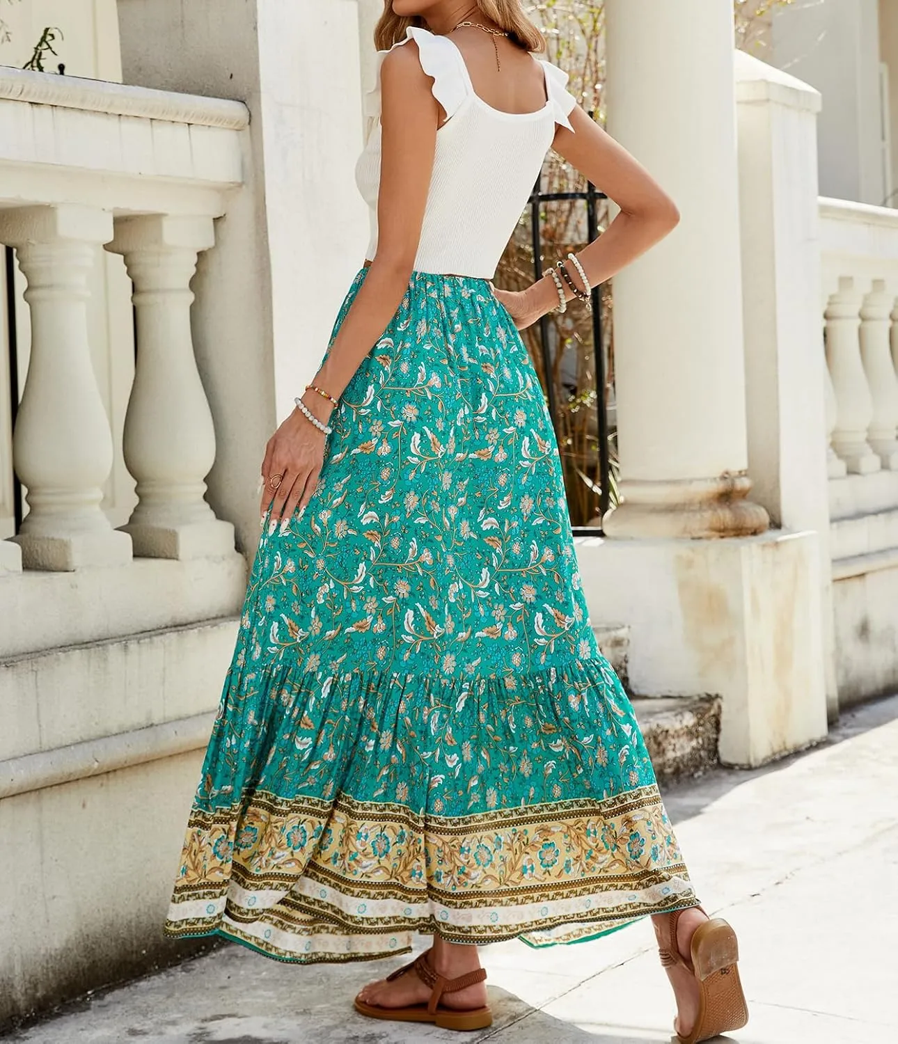 ZOCAVIA Women's Boho Floral Maxi Skirt Elastic High Waist Pleated A-Line Swing Flowy Long Skirts Beach Vacation Outfits