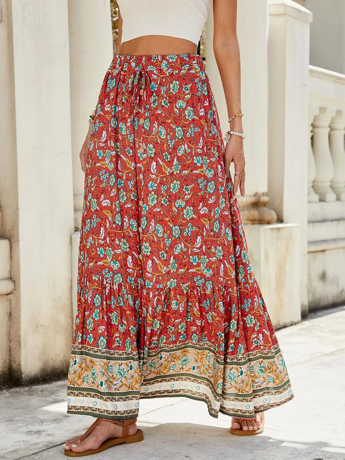 ZOCAVIA Women's Boho Floral Maxi Skirt Elastic High Waist Pleated A-Line Swing Flowy Long Skirts Beach Vacation Outfits
