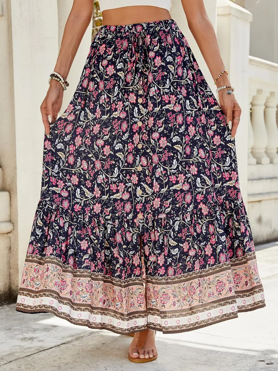 ZOCAVIA Women's Boho Floral Maxi Skirt Elastic High Waist Pleated A-Line Swing Flowy Long Skirts Beach Vacation Outfits