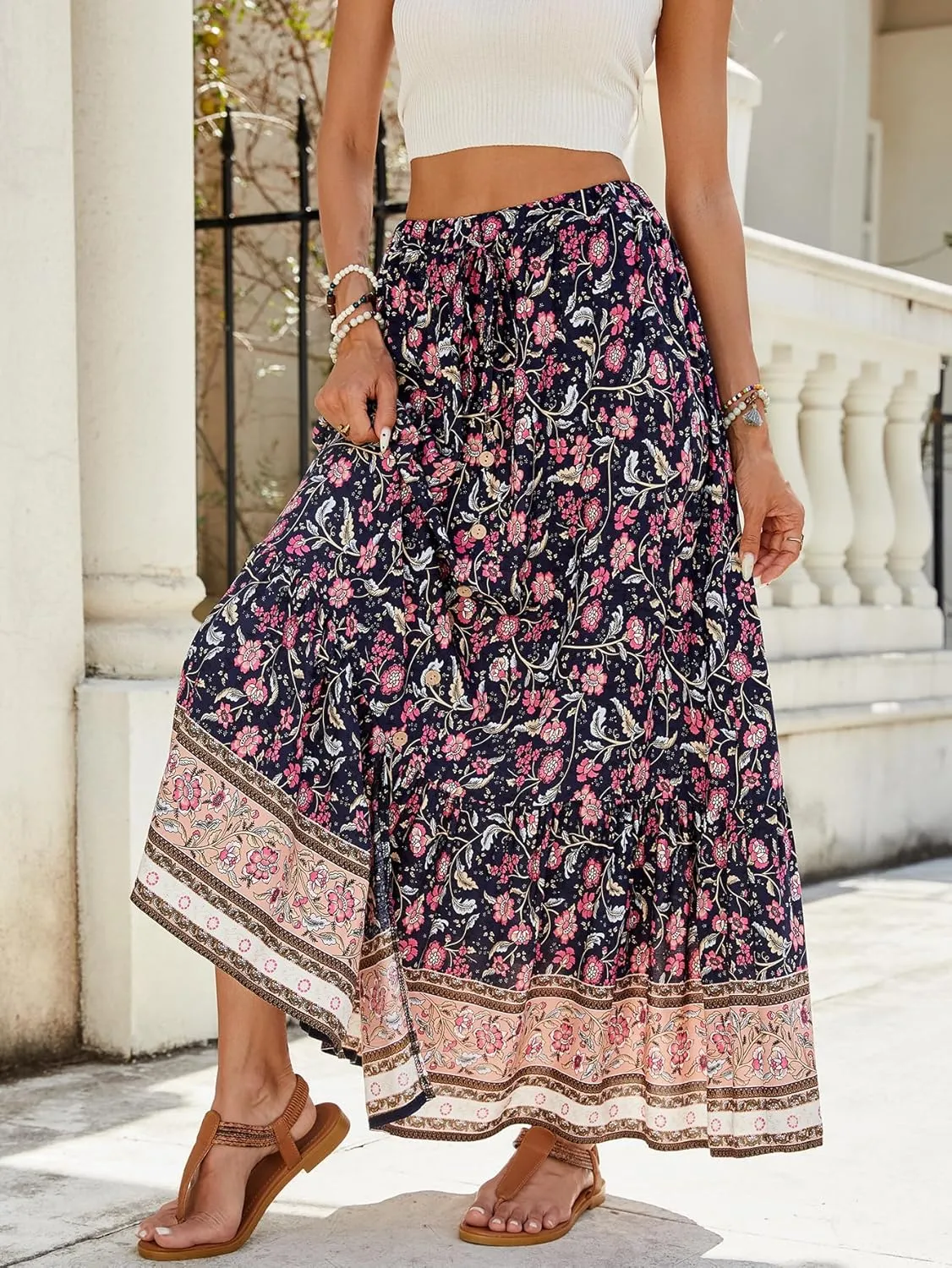 ZOCAVIA Women's Boho Floral Maxi Skirt Elastic High Waist Pleated A-Line Swing Flowy Long Skirts Beach Vacation Outfits
