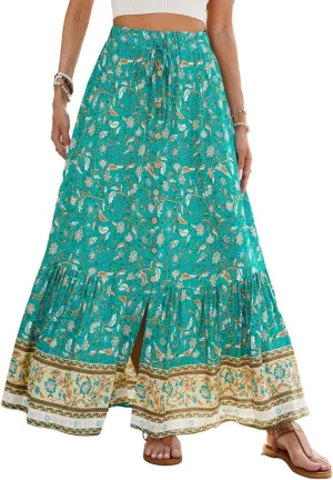ZOCAVIA Women's Boho Floral Maxi Skirt Elastic High Waist Pleated A-Line Swing Flowy Long Skirts Beach Vacation Outfits