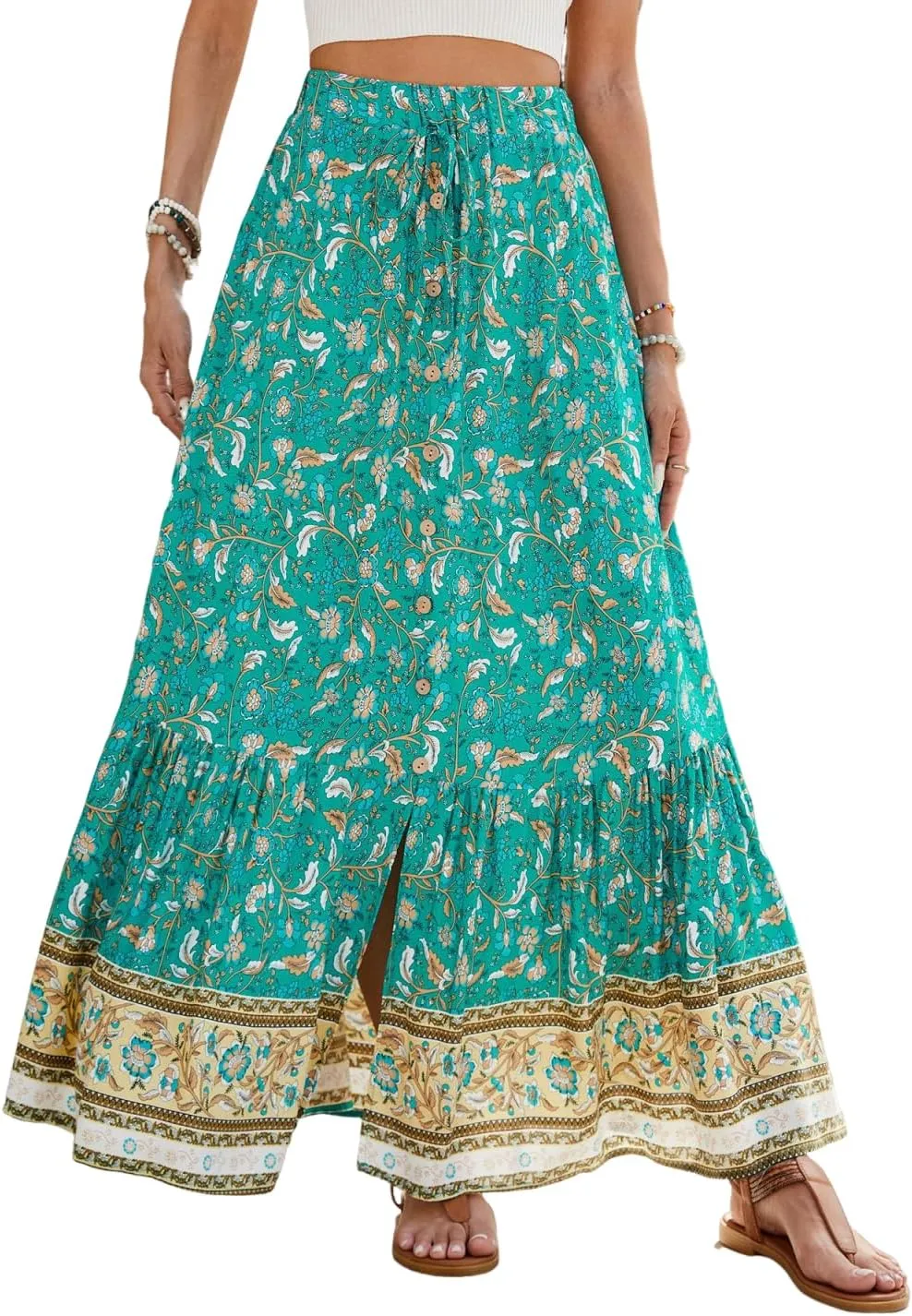 ZOCAVIA Women's Boho Floral Maxi Skirt Elastic High Waist Pleated A-Line Swing Flowy Long Skirts Beach Vacation Outfits